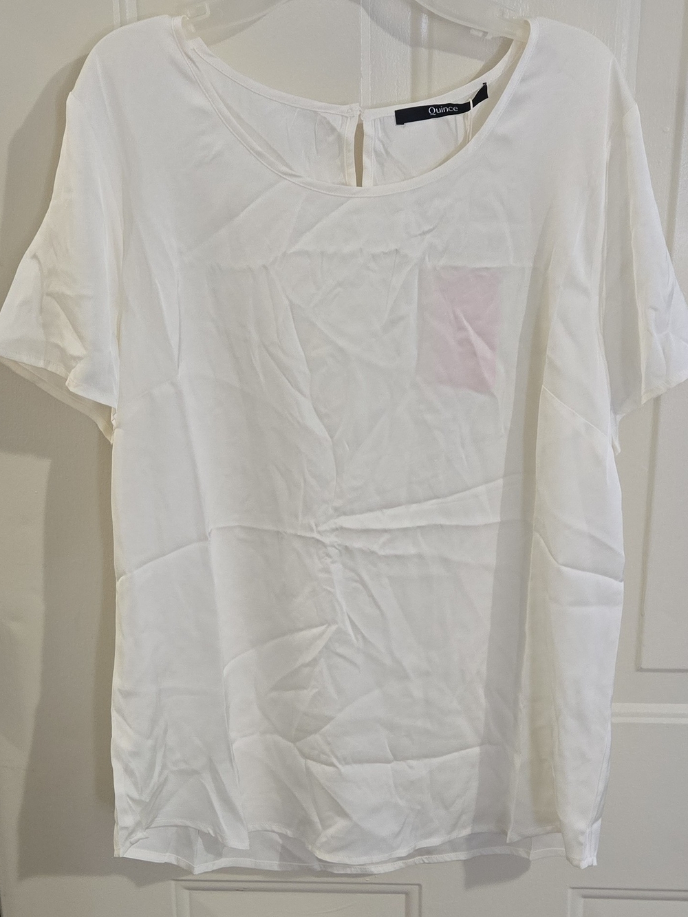 NWT Quince White Silk Blouse Short Sleeve Scoop Neck L Neutral Minimalist Office